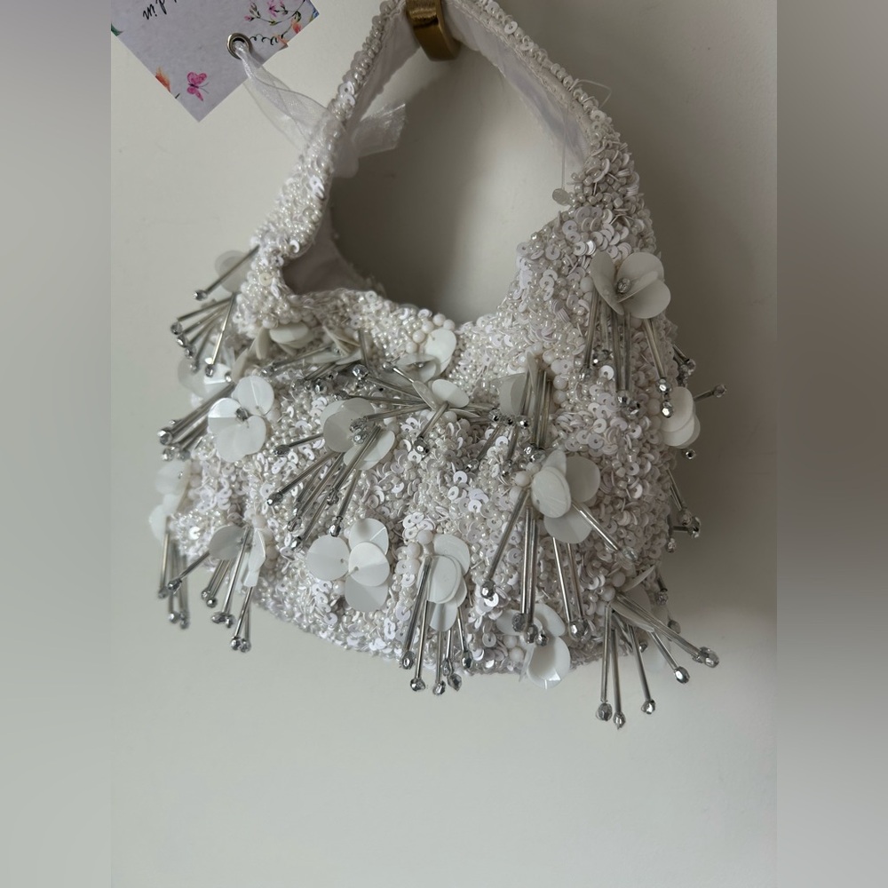 Viral beaded white floral silver made in India bag
